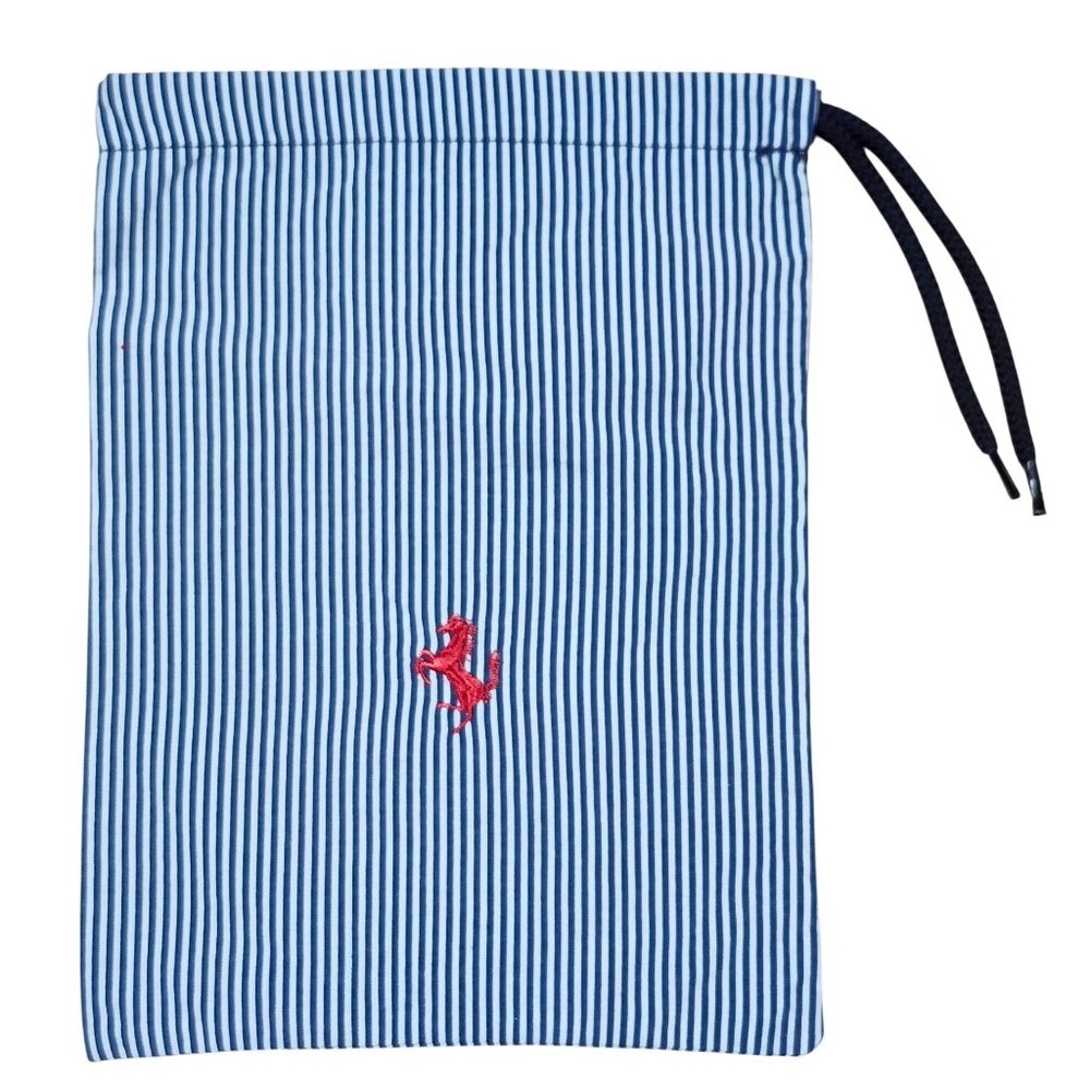 Ferrari Blue White Striped Cotton Drawstring Bag Prancing Horse Embroidered Logo